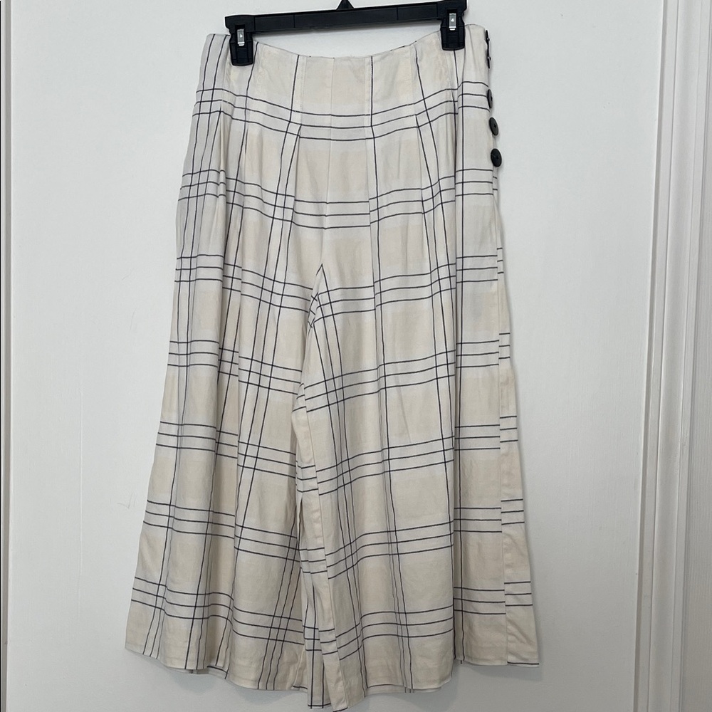 Anthropologie Maeve Cream Plaid Linen Blend Pleated Culottes size 4